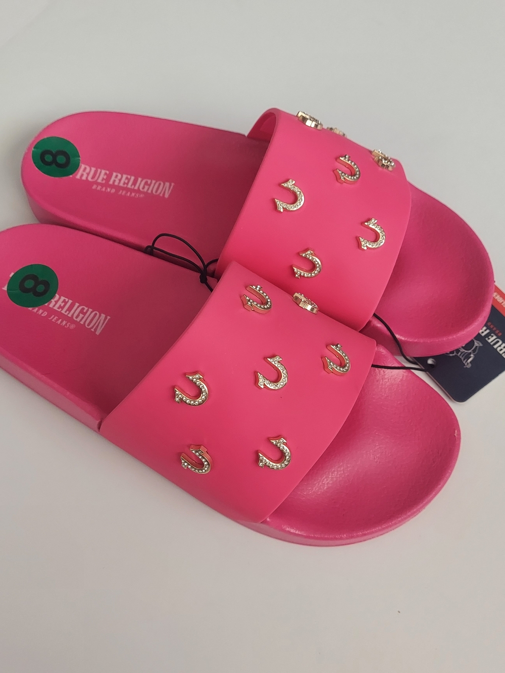 True Religion Women's Hot Pink Slide Sandals with Gold Studs